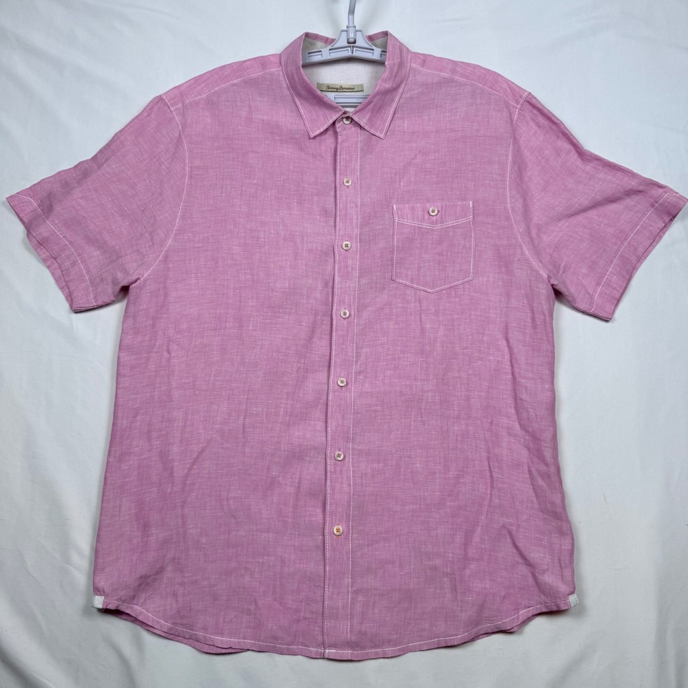 Tommy Bahama Mens Large Pink Linen Short Sleeve Button Down Shirt